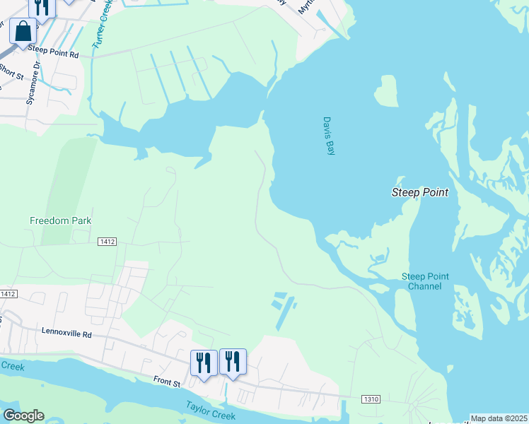 map of restaurants, bars, coffee shops, grocery stores, and more near 160 Davis Bay Drive in Beaufort
