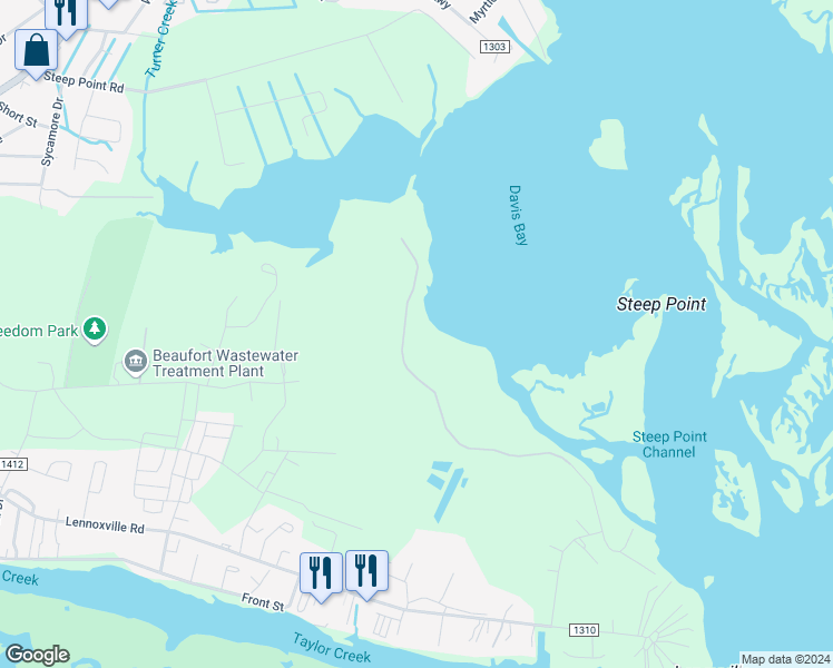 map of restaurants, bars, coffee shops, grocery stores, and more near 160 Davis Bay Drive in Beaufort