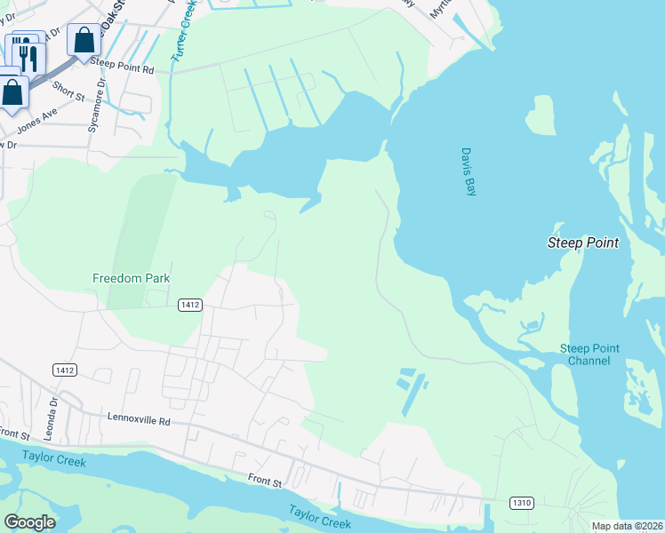 map of restaurants, bars, coffee shops, grocery stores, and more near 170 Davis Bay Drive in Beaufort