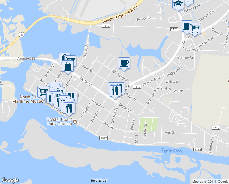 map of restaurants, bars, coffee shops, grocery stores, and more near 412 Marsh Street in Beaufort