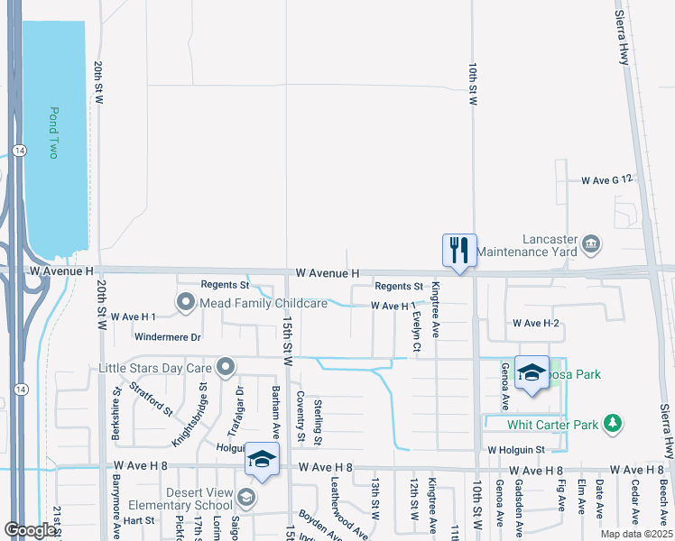 map of restaurants, bars, coffee shops, grocery stores, and more near 1243 West Avenue H in Lancaster