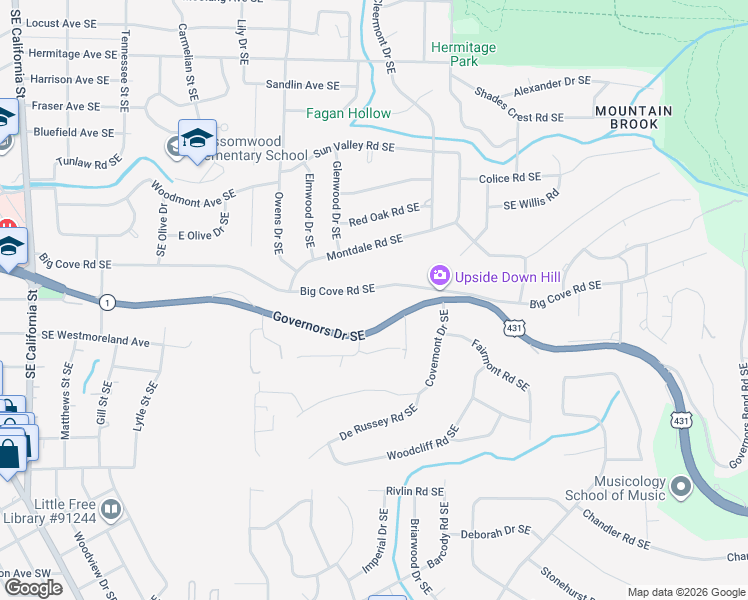 map of restaurants, bars, coffee shops, grocery stores, and more near 1600 Big Cove Road Southeast in Huntsville