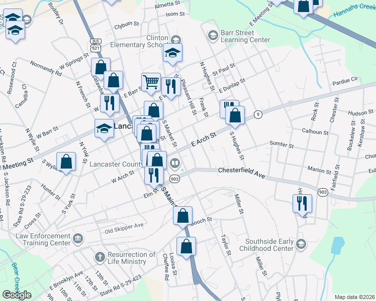map of restaurants, bars, coffee shops, grocery stores, and more near 304 East Arch Street in Lancaster