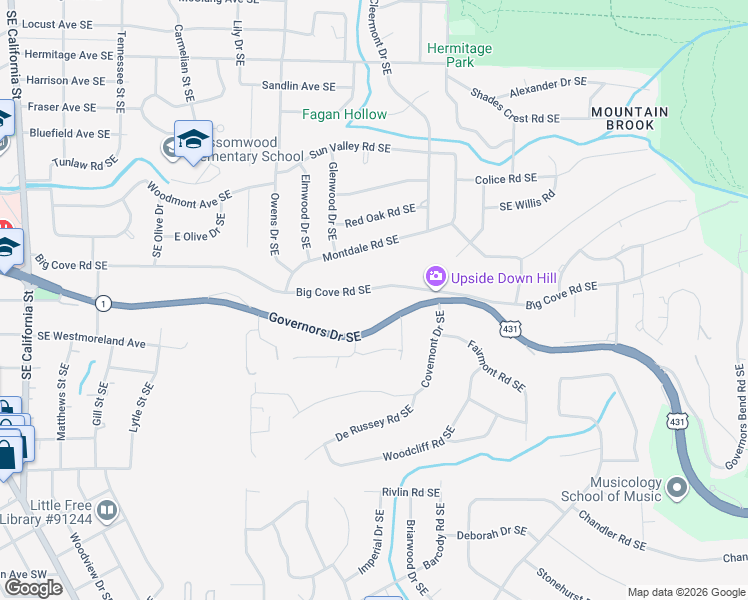 map of restaurants, bars, coffee shops, grocery stores, and more near 1600 Big Cove Road Southeast in Huntsville