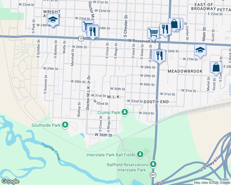 map of restaurants, bars, coffee shops, grocery stores, and more near 3000 South Chester Street in Little Rock