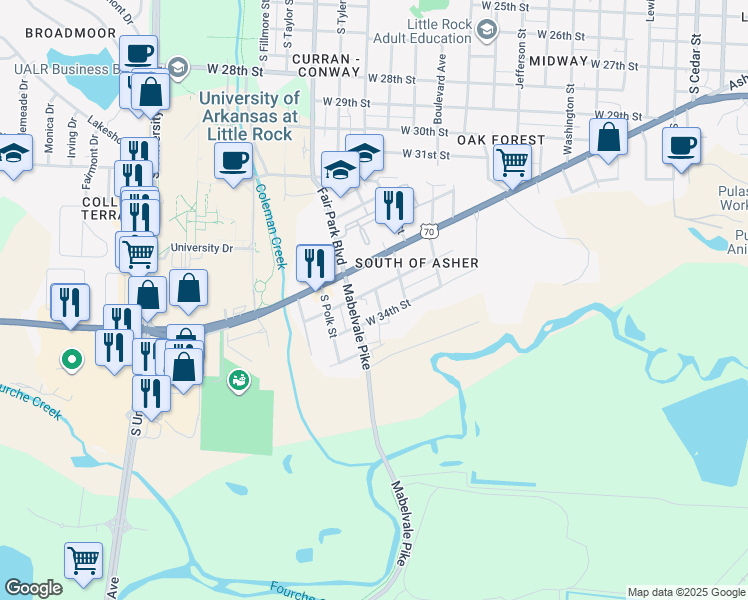 map of restaurants, bars, coffee shops, grocery stores, and more near 5303 West 33rd Street in Little Rock