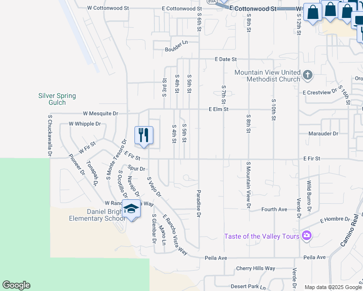 map of restaurants, bars, coffee shops, grocery stores, and more near 1122 South 5th Street in Cottonwood