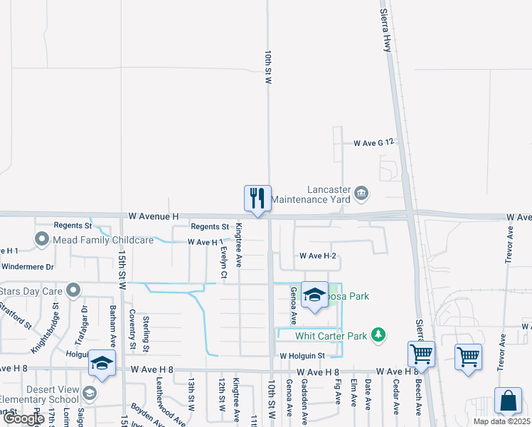 map of restaurants, bars, coffee shops, grocery stores, and more near 1016 West Avenue H in Lancaster