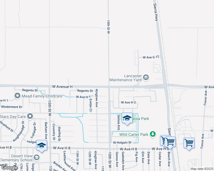 map of restaurants, bars, coffee shops, grocery stores, and more near 1016 West Avenue H in Lancaster