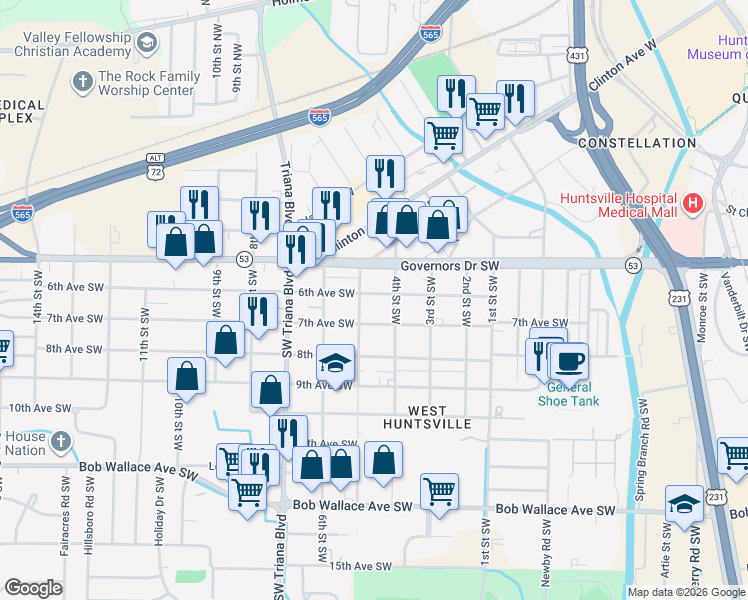map of restaurants, bars, coffee shops, grocery stores, and more near 2908 6th Avenue Southwest in Huntsville