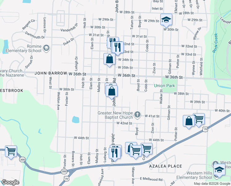 map of restaurants, bars, coffee shops, grocery stores, and more near 3715 John Barrow Road in Little Rock