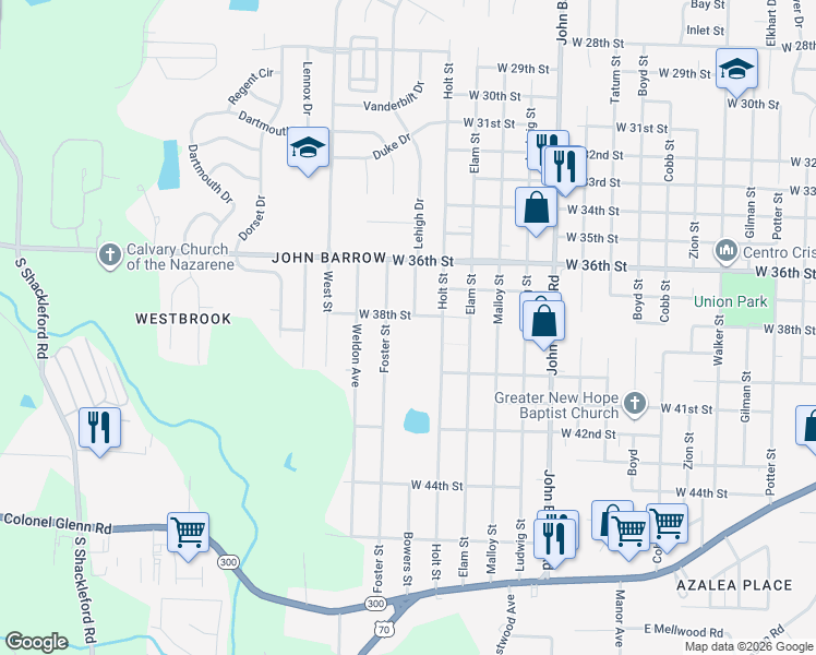map of restaurants, bars, coffee shops, grocery stores, and more near 3800 Bowers Street in Little Rock