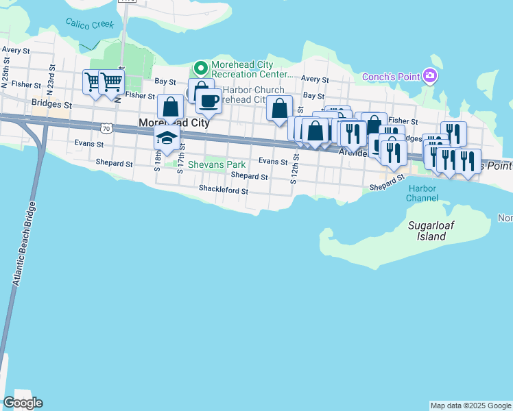 map of restaurants, bars, coffee shops, grocery stores, and more near 1306 Patterson Street in Morehead City