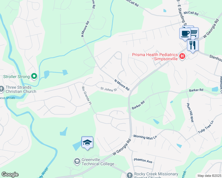 map of restaurants, bars, coffee shops, grocery stores, and more near 116 Saint Johns Street in Simpsonville