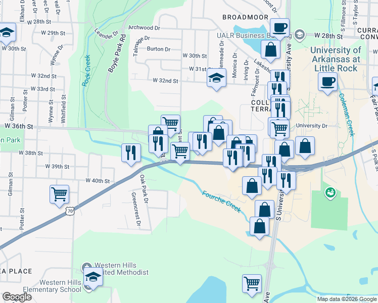 map of restaurants, bars, coffee shops, grocery stores, and more near 6724 Stonecrest Drive in Little Rock
