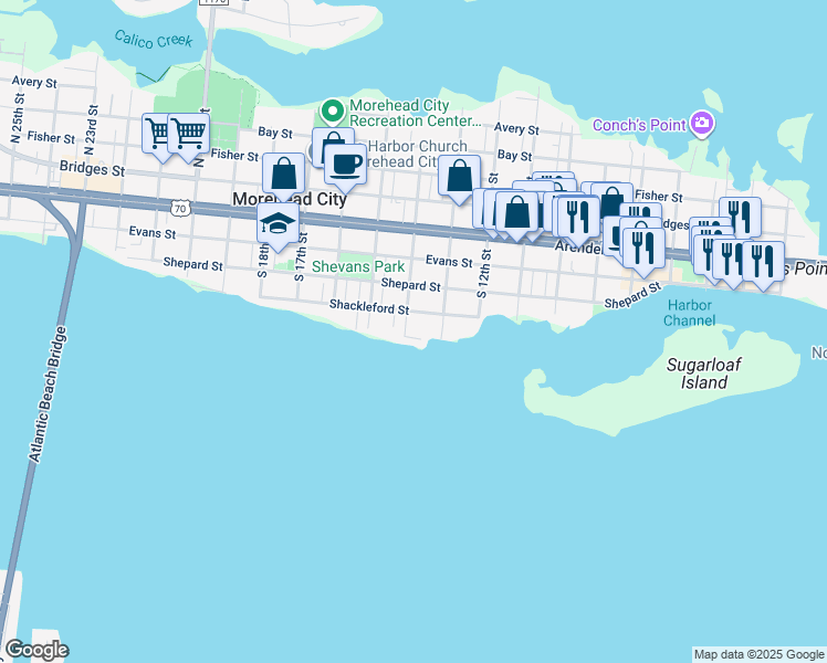 map of restaurants, bars, coffee shops, grocery stores, and more near 1310 Patterson Street in Morehead City