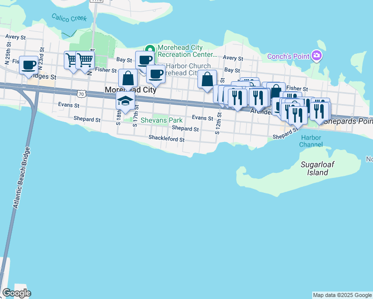 map of restaurants, bars, coffee shops, grocery stores, and more near 1310 Patterson Street in Morehead City
