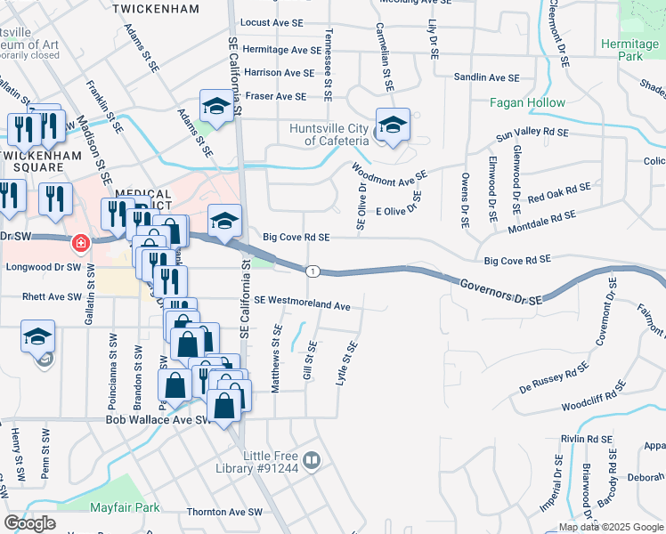 map of restaurants, bars, coffee shops, grocery stores, and more near 1207 Governors Drive Southeast in Huntsville