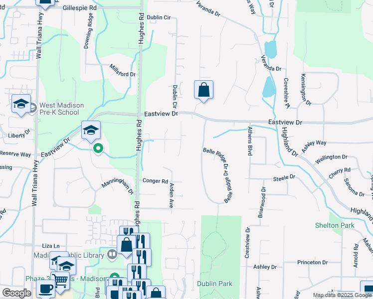 map of restaurants, bars, coffee shops, grocery stores, and more near 108 Shadowridge Drive in Madison