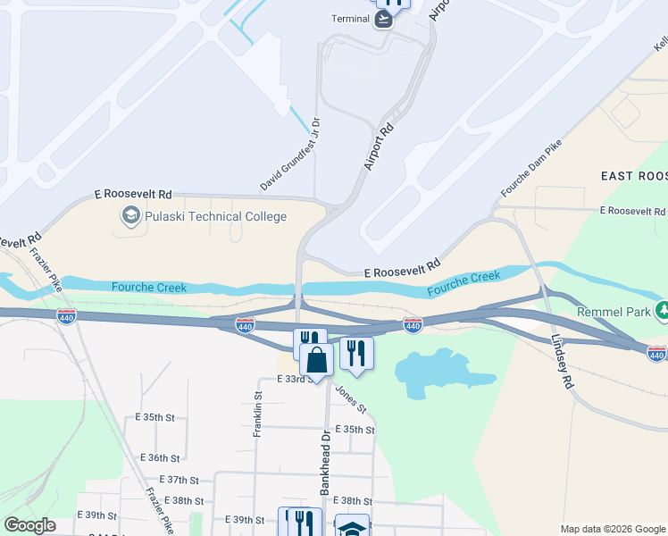map of restaurants, bars, coffee shops, grocery stores, and more near 5194 East Roosevelt Road in Little Rock