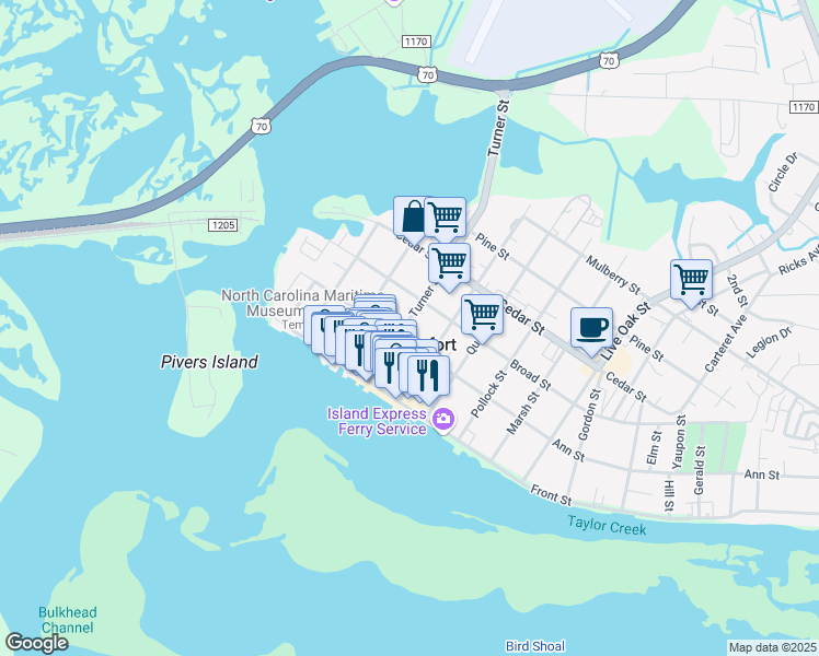 map of restaurants, bars, coffee shops, grocery stores, and more near 311 Ann Street in Beaufort