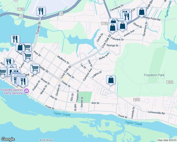 map of restaurants, bars, coffee shops, grocery stores, and more near 102 Carteret Avenue in Beaufort