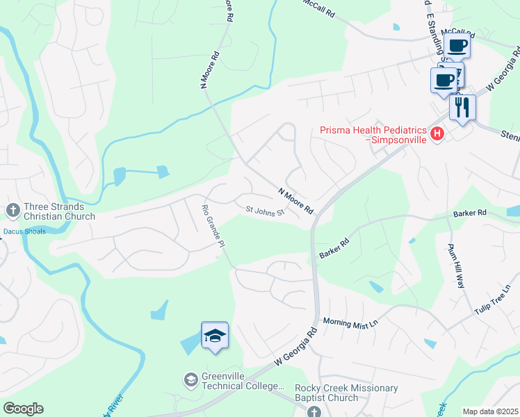 map of restaurants, bars, coffee shops, grocery stores, and more near 128 Saint Johns Street in Simpsonville