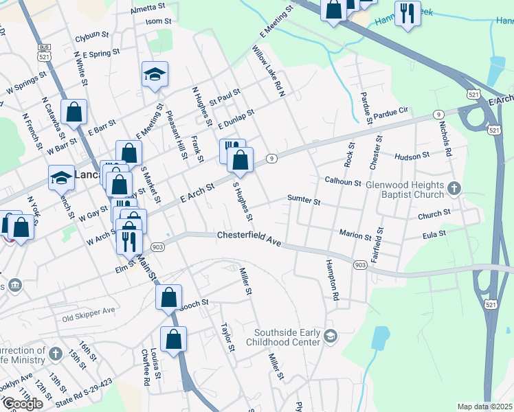 map of restaurants, bars, coffee shops, grocery stores, and more near 315 South Hughes Street in Lancaster