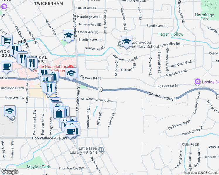 map of restaurants, bars, coffee shops, grocery stores, and more near 1207 Governors Drive Southeast in Huntsville