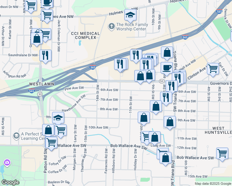 map of restaurants, bars, coffee shops, grocery stores, and more near 3713 6th Avenue Southwest in Huntsville