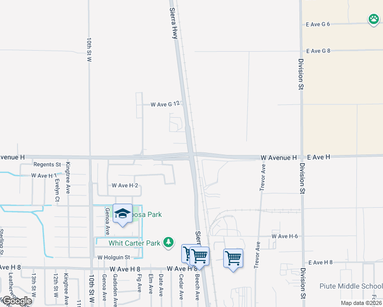 map of restaurants, bars, coffee shops, grocery stores, and more near Sierra Court in Lancaster