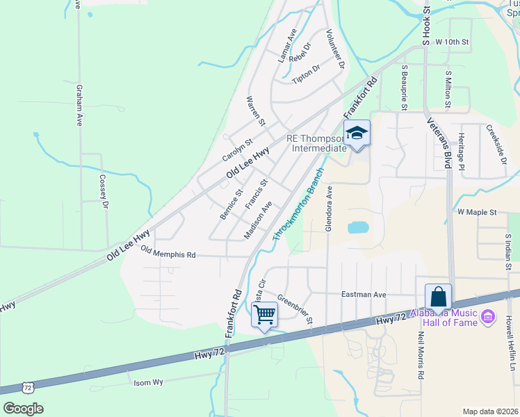 map of restaurants, bars, coffee shops, grocery stores, and more near 1001-1099 Francis Street in Tuscumbia