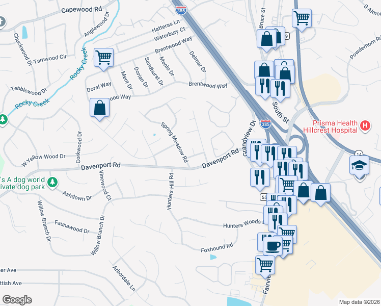 map of restaurants, bars, coffee shops, grocery stores, and more near 1 Foxtrail Court in Simpsonville