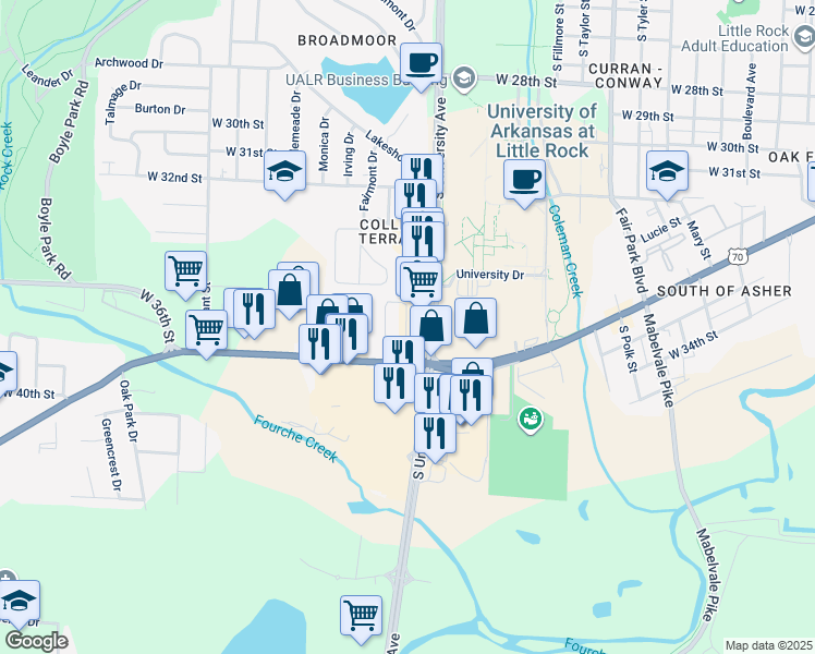 map of restaurants, bars, coffee shops, grocery stores, and more near 3708 South University Avenue in Little Rock