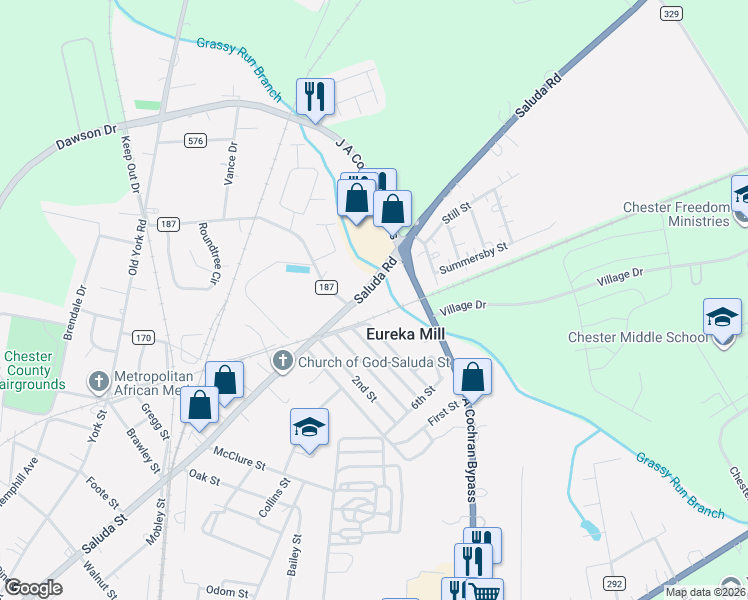 map of restaurants, bars, coffee shops, grocery stores, and more near 616 Saluda Road in Chester