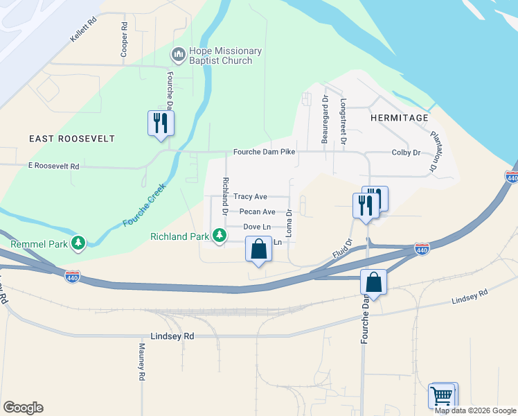 map of restaurants, bars, coffee shops, grocery stores, and more near 6508 Pecan Lane in Little Rock