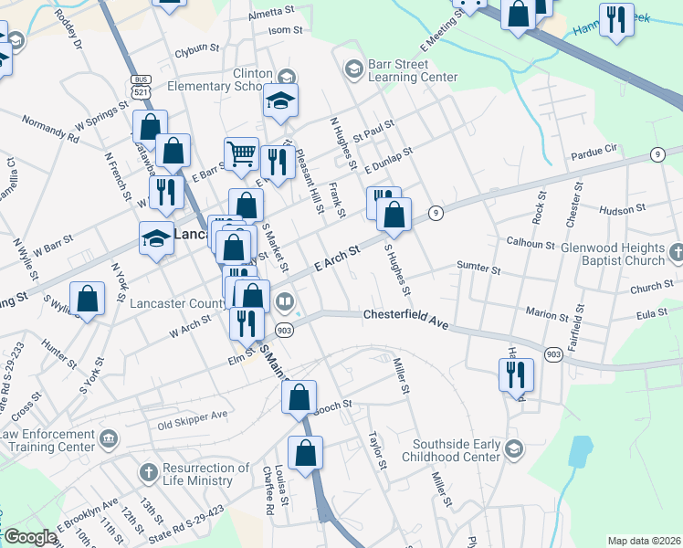 map of restaurants, bars, coffee shops, grocery stores, and more near 307 McCardell Street in Lancaster