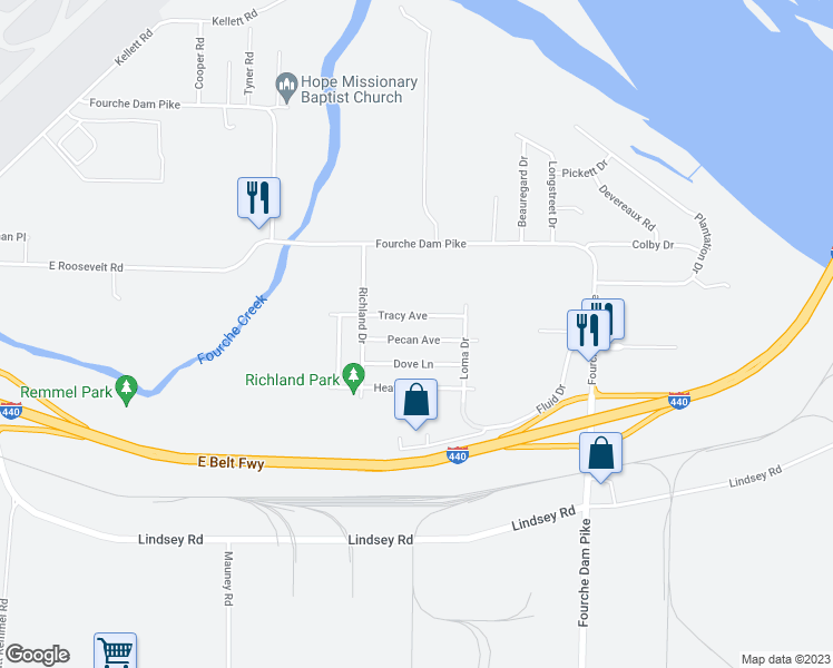 map of restaurants, bars, coffee shops, grocery stores, and more near 6508 Pecan Avenue in Little Rock