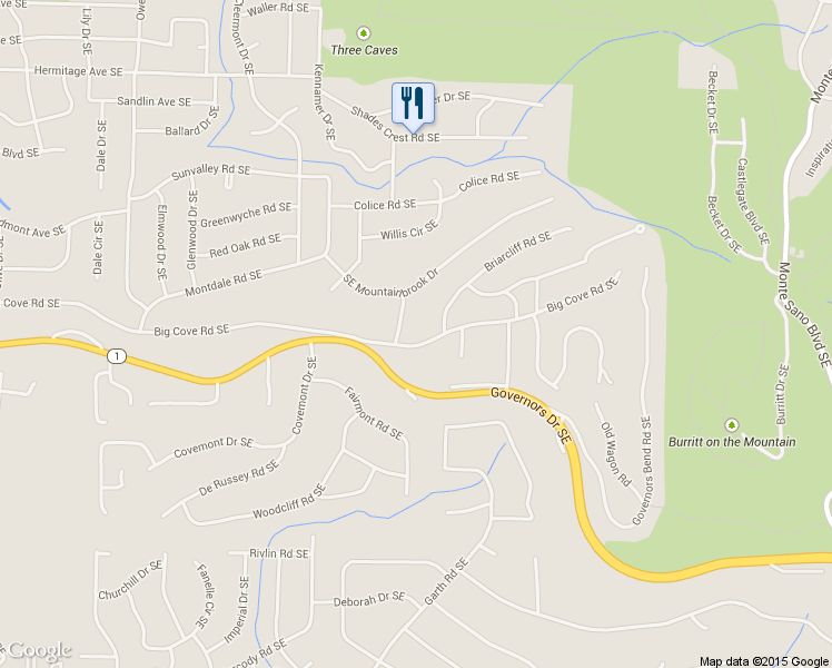 map of restaurants, bars, coffee shops, grocery stores, and more near 2003 Big Cove Road Southeast in Huntsville