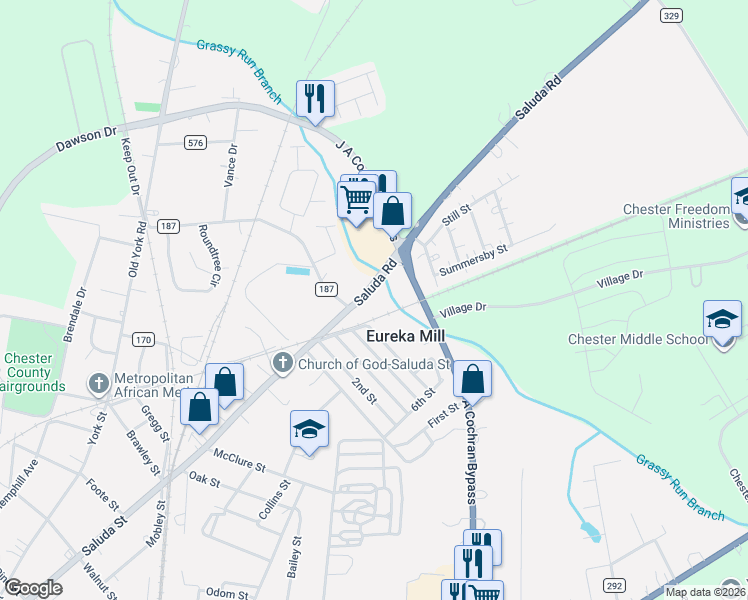 map of restaurants, bars, coffee shops, grocery stores, and more near 616 Saluda Road in Chester