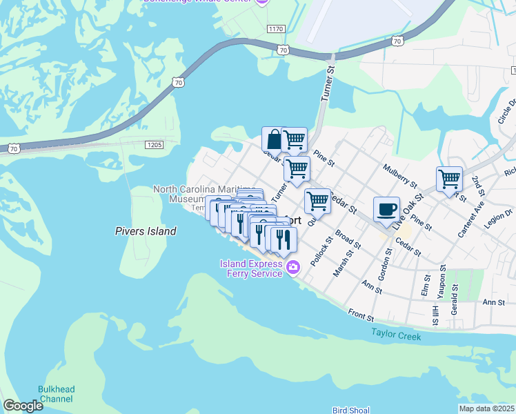map of restaurants, bars, coffee shops, grocery stores, and more near 311 Ann Street in Beaufort