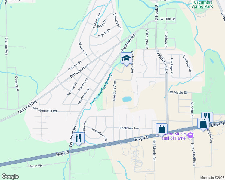 map of restaurants, bars, coffee shops, grocery stores, and more near 1110 Glendora Avenue in Tuscumbia