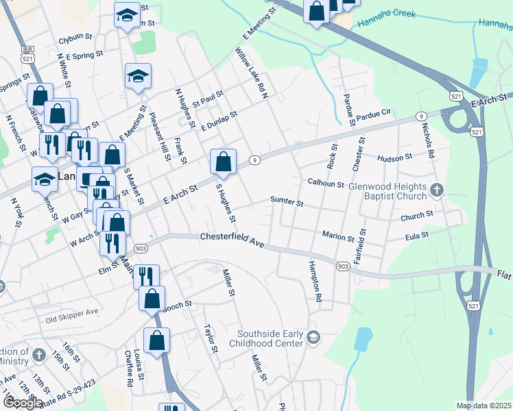 map of restaurants, bars, coffee shops, grocery stores, and more near 603 Sumter Street in Lancaster