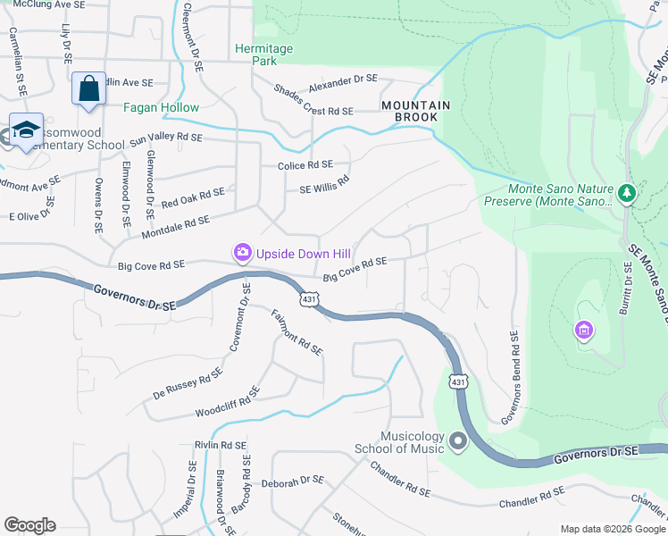 map of restaurants, bars, coffee shops, grocery stores, and more near 2003 Big Cove Road Southeast in Huntsville