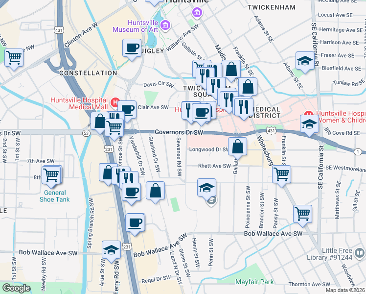 map of restaurants, bars, coffee shops, grocery stores, and more near 2009 Sewanee Road Southwest in Huntsville