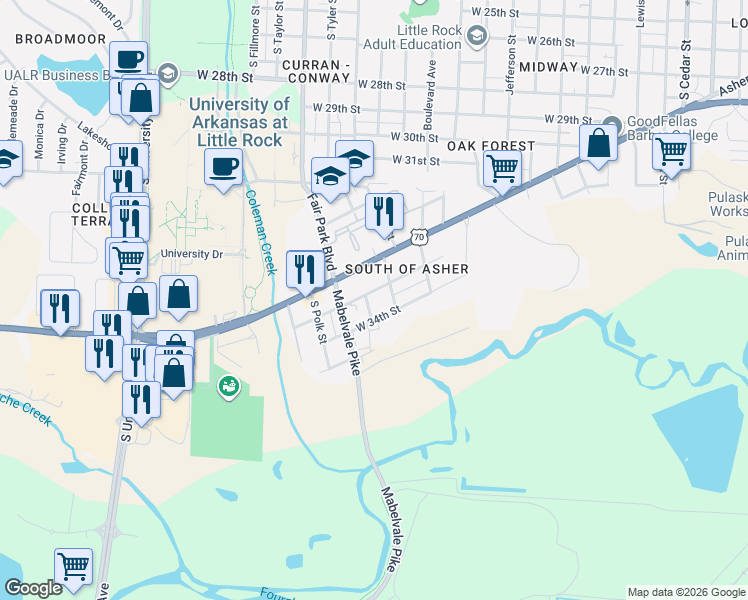 map of restaurants, bars, coffee shops, grocery stores, and more near 5303 West 33rd Street in Little Rock