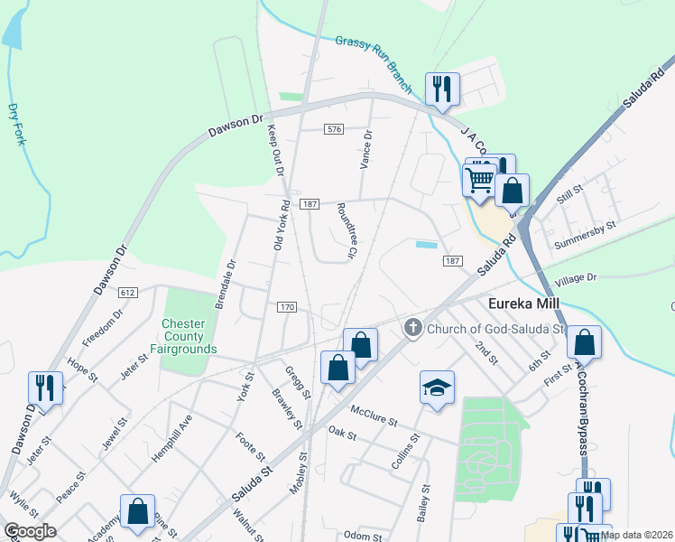 map of restaurants, bars, coffee shops, grocery stores, and more near 556 Roundtree Circle in Chester