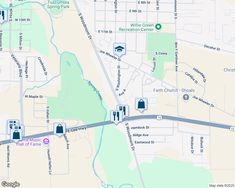 map of restaurants, bars, coffee shops, grocery stores, and more near 1211 Woodmont Drive in Tuscumbia