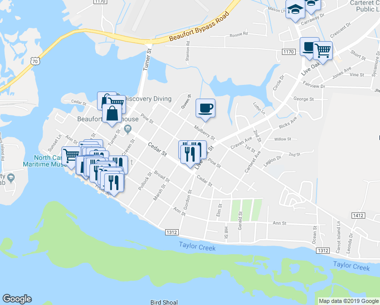 map of restaurants, bars, coffee shops, grocery stores, and more near 418 Marsh Street in Beaufort
