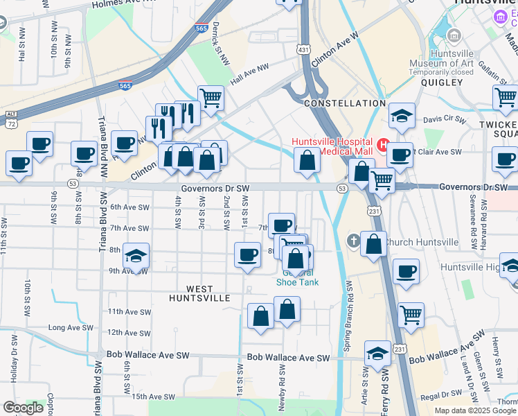 map of restaurants, bars, coffee shops, grocery stores, and more near 2010A Boardman Street Southwest in Huntsville